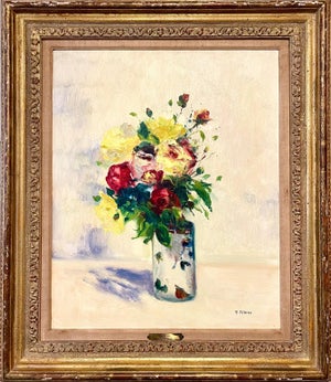 Gaston Sebire, French Post Impressionist Oil Painting Floral Roses, Vase Gaston Sebire Flowers, c.1960