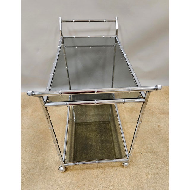 1970s Mid-Century Modern Large Faux Bamboo Steel and Smoked Glass Bar Cart For Sale - Image 9 of 11