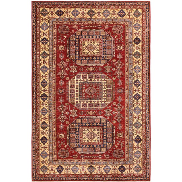 Southwestern Super Kazak Red/Tan Wool Rug - 6'8'' X 9'11'' For Sale - Image 9 of 10
