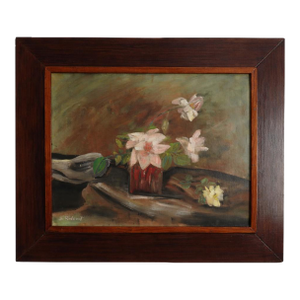 1930s California Impressionist/Tonalist Still Life Oil Painting by Julia Rideout – Framed Moody Floral on Canvas Board