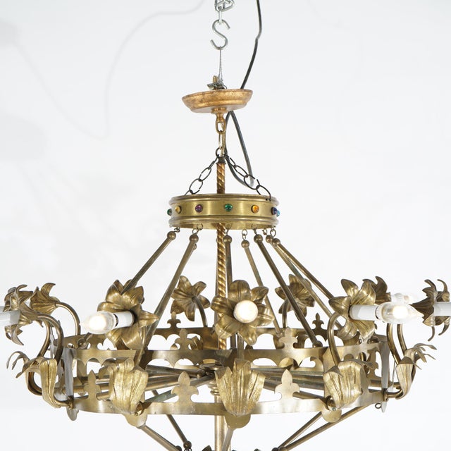 Antique French Fleur-de-Lis Design Brass & Jeweled Twelve-Light Chandelier 1930 For Sale - Image 10 of 12