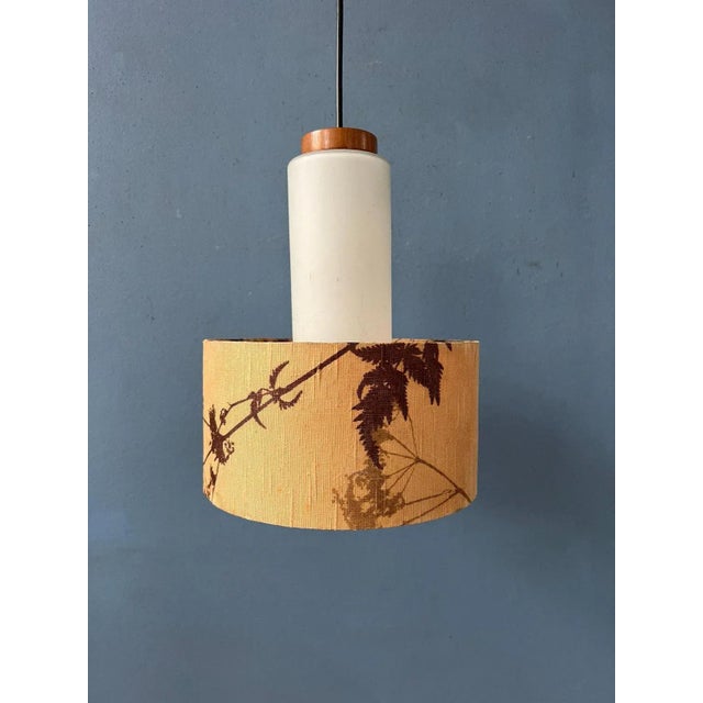 Glass Mid-Century Opaline Glass Pendant Lamp with Beige Fabric Jungle Shade For Sale - Image 7 of 11