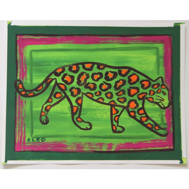Cleo Plowden Leopard Minimalism Pop Art Folk Art Green Orange Raspberry Red Original Painting Cleo Plowden For Sale - Image 4 of 4