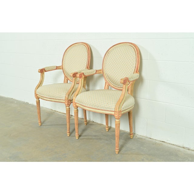 French Baker Furniture French Regency Louis XVI Cream and Pink Lacquered Armchairs, Pair For Sale - Image 3 of 15