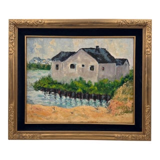 Vintage Original Coastal Waterfront Landscape Oil Painting For Sale