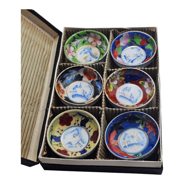1920s Japanese Hand Painted Sake Set - Set of 6 For Sale