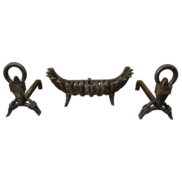 Wrought Iron Fireplace Andirons and Log Basket, Early 20th Century, Set of 3 For Sale - Image 6 of 6