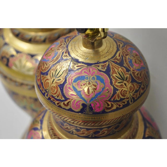 Vintage Brass & Cloisonné Enamel Pink & Blue Jardiniere Urn Table Lamps - Pair For Sale - Image 13 of 14