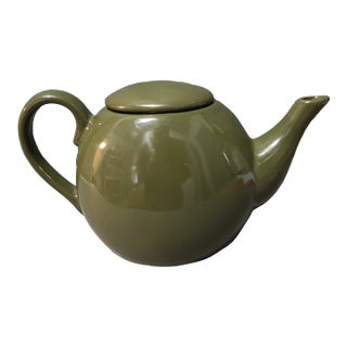 Mid-Century Modern Style Olive Green Stoneware Design-Pac Flat Lid Teapot For Sale