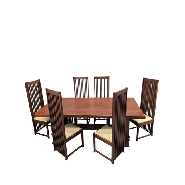 Brown Late 20th Century Custom Arts and Crafts Mission Style Oak Dining Table With Six High-Back Chairs For Sale - Image 8 of 12