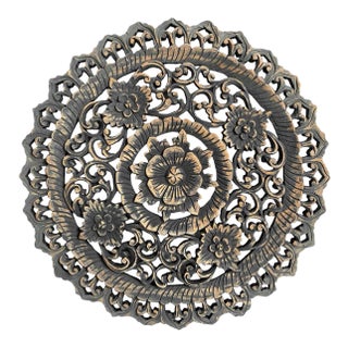 Vintage Antique Burn Boho Medallion Carved Wall Panel 18" For Sale