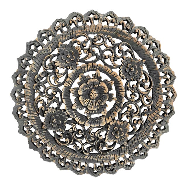 Vintage Antique Burn Boho Medallion Carved Wall Panel 18" For Sale