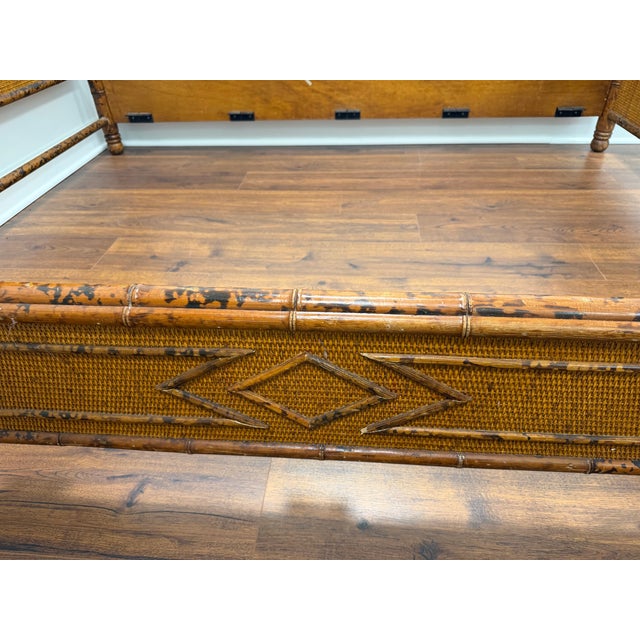 Burnt Umber Vintage British Colonial Style Faux Tortoise Bamboo & Woven Rattan Queen Bed For Sale - Image 8 of 12