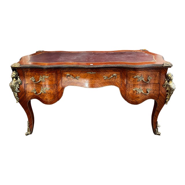Mid 20th Century Louis XV Style Serpentine Burl Walnut Bureau Plat Desk For Sale