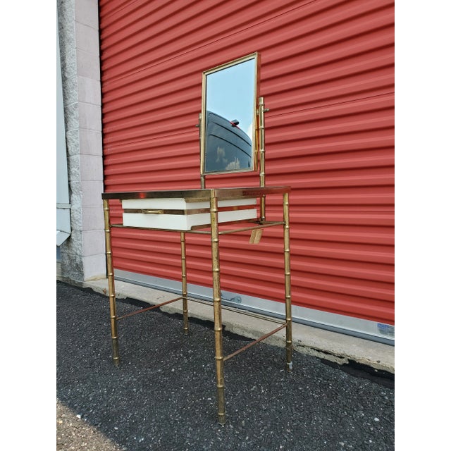 Hollywood Regency Mid 20th Century George Koch Sons, Inc Hollywood Regency Gold Brass Bamboo Vanity with Mirror For Sale - Image 3 of 12