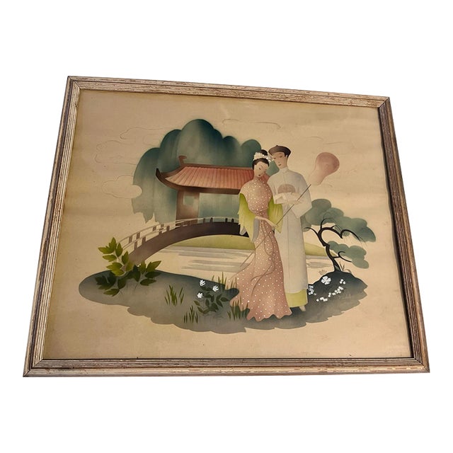 1950s Vintage Chinese Lithograph of Two Lovers in the Garden For Sale