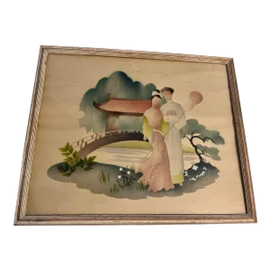1950s Vintage Chinese Lithograph of Two Lovers in the Garden