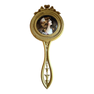 Antique French Bronze Hand Mirror With Hand-Painted Portrait Miniature, Circa 1880–1900