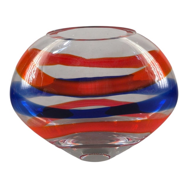 Red Stunning Italian Hand-Blown Art Glass Oval Shape Red & Blue Horizontal Bands Vase For Sale - Image 8 of 8