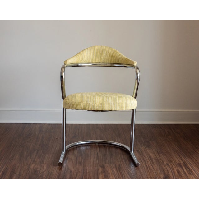 Modern Vintage Chrome Armchair With Imperfect Yellow and White Stripes the Fabric Is by Kelly Wearstler Celled "Vertex" , and Is Suitable for Indoor/Outdoor For Sale - Image 3 of 7