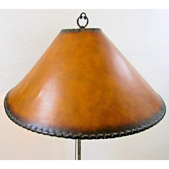 1920s French Art Deco Wrought Iron Scrollwork and Leaves Tripod Floor Lamp and Shade For Sale - Image 4 of 17