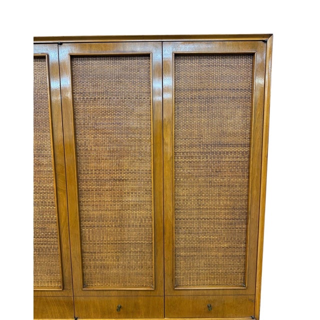 Mid-Century Modern Walnut & Cane 2-Piece Tambour Hutch For Sale - Image 9 of 10