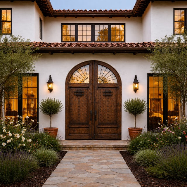 Puerta Xalaoa (Model 2038) – Handcrafted custom solid wood exterior double door featuring an arched top design with...