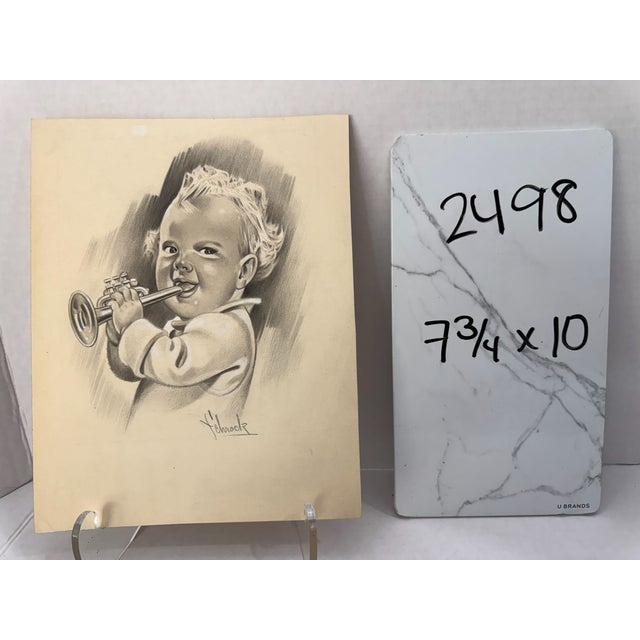 Paper 1940s Original Signed Graphite Illustration of Child Playing Trumpet, 10 × 7.75 In. For Sale - Image 7 of 7