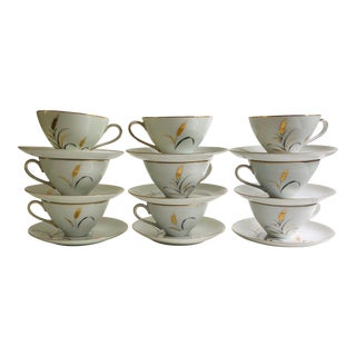 Midcentury Eternal Harvest Wheat Design Cups and Saucers- Service for 9 For Sale