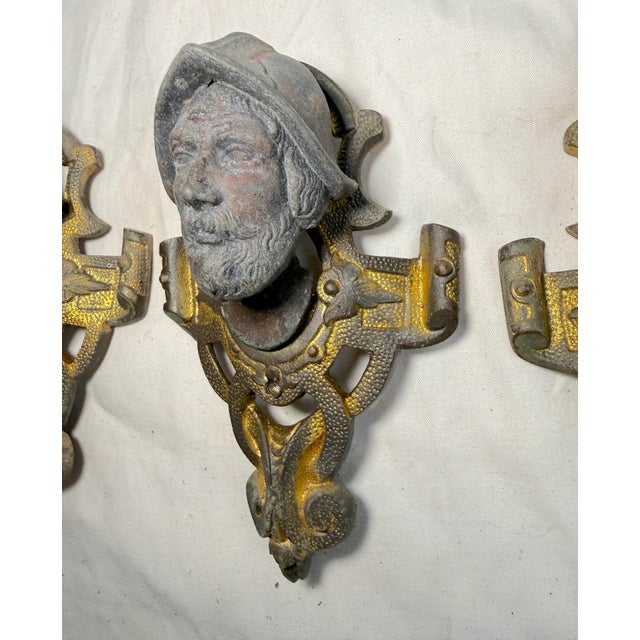 19th Century 4 Antique Ornate Victorian Face Gilt Bronze Metal Salvage Hardware Appliques For Sale - Image 5 of 9