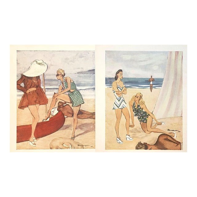 1946 Set of 2 Mid-Century French Summer Beach Fashion Prints by Pierre Mourgue For Sale
