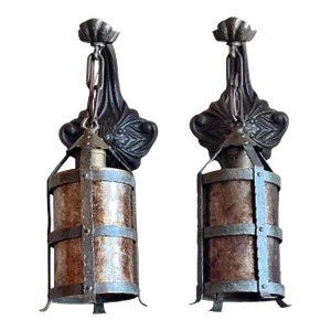 Pair of 1920s Arts and Crafts Cast Brass and Mica Lantern Wall Sconces in Original Patina