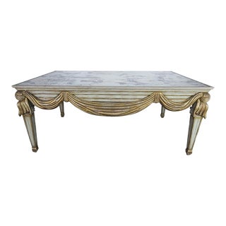 1920s Antique French Carved Ribbon and Swag Giltwood Grand Coffee Table With Original Mercury Glass Top For Sale