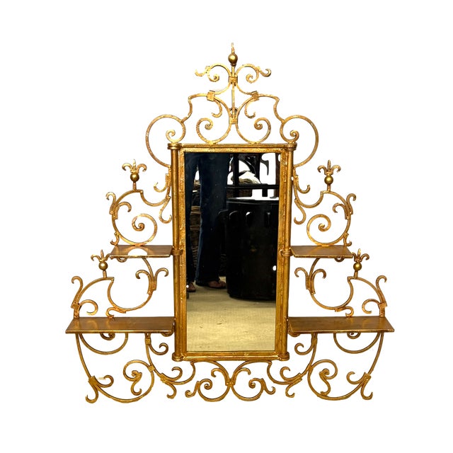 Mid-Century Italianate Gilt Iron Etegere Wall Mirror W/ Shelves For Sale - Image 4 of 8