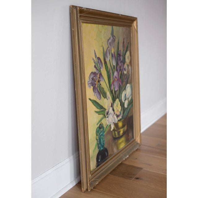 American Gladys T Smith Still Life of Flowers and Buddha Head Oil Painting For Sale - Image 3 of 15