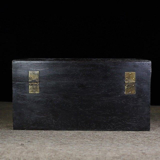 Chinoiserie 19Large Hand-Carved Dark Wood Treasure Box With Brass Hardware & Landscape Motif For Sale - Image 3 of 9