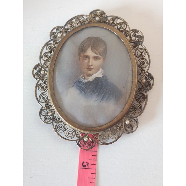 Antique Painting Portrait Encased in Fillagree Frame With Pearl Embellishments For Sale - Image 9 of 10