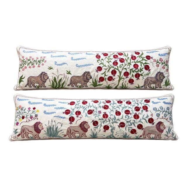 White Lion Suzani Lumbar Pillow Cover 18'' X 54'' - Set of Two For Sale