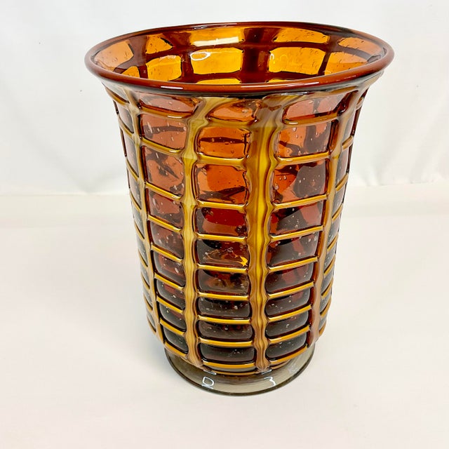 1970s Vintage Boho Chic Italian Style Blown Glass Vase With Opaque Grid Design Encased For Sale - Image 10 of 11