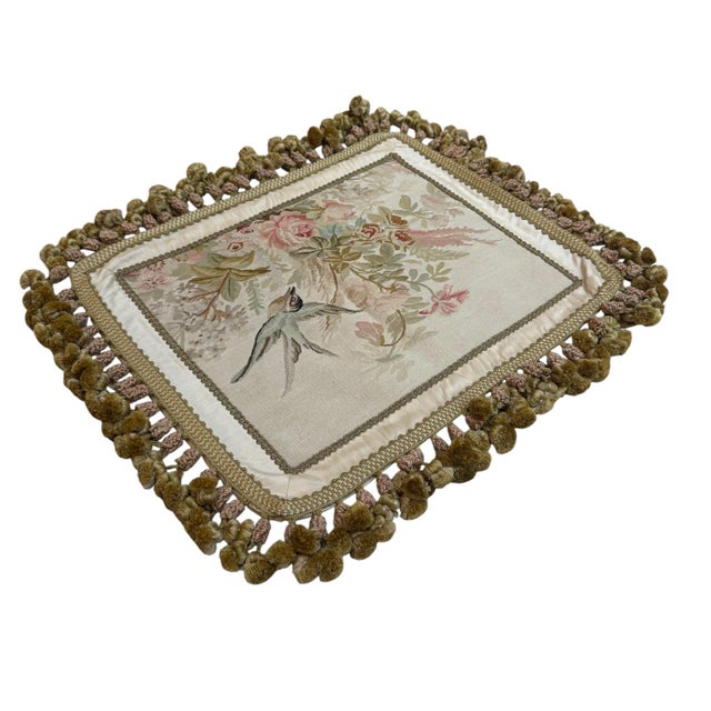 1930s Silk Tapestry Cushion Cover With Floral & Bird Motif, Ivory & Sage, 18" X 22" For Sale - Image 5 of 5