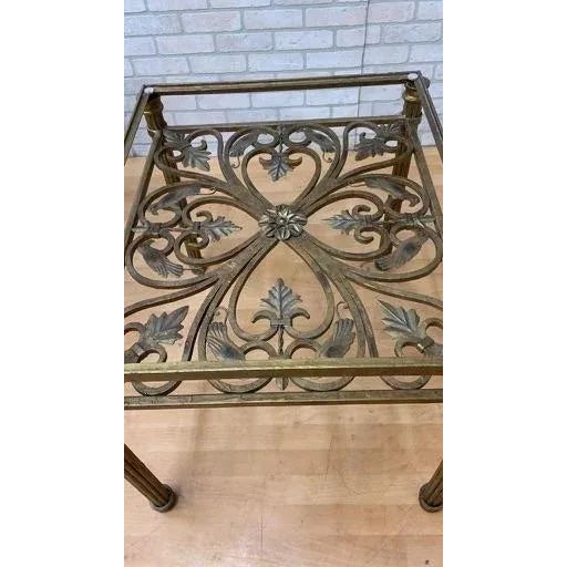 Hollywood Regency Antique Gold Forged Wrought Iron Glass Top Side Tables - Pair For Sale - Image 10 of 11