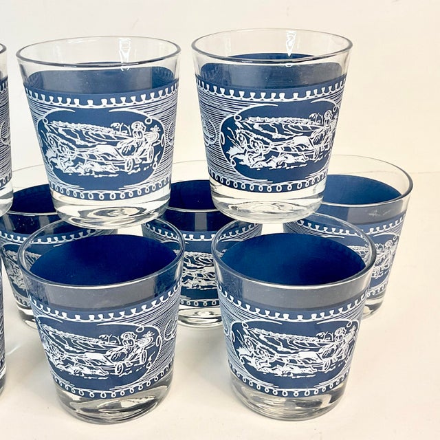 Mid-Century Americana Currier & Ives French Blue Old Fashion Lowballs Glasses - Set of 10. For Sale - Image 9 of 10
