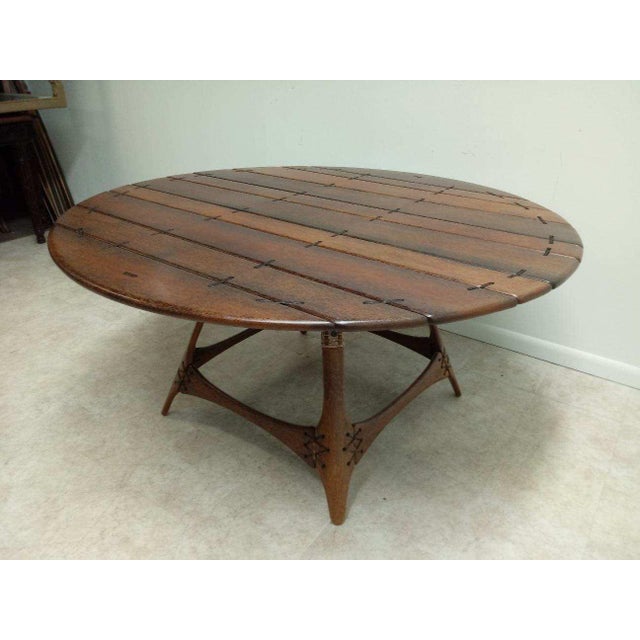 Brown 1980s Brazilian Hardwood lashed planks Dining Room Pedestal Table arts crafts mcm For Sale - Image 8 of 10