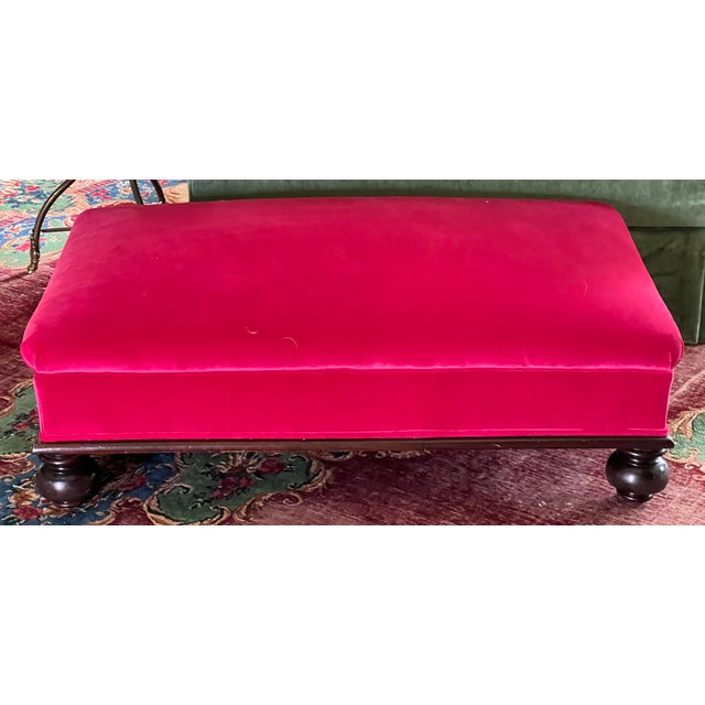 Custom Fuchsia Pink Velvet Cocktail Ottoman With Dark Wood Base & Bun Feet For Sale - Image 11 of 11