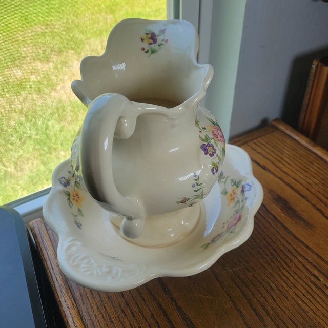 VTG 1930s British Ceramic Pitcher & Wash Basin Bowl Set Floral Rose Art Deco Era For Sale - Image 4 of 12