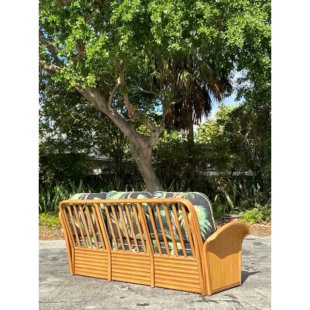Wood Vintage Coastal Palm Print Rattan Sofa For Sale - Image 7 of 12