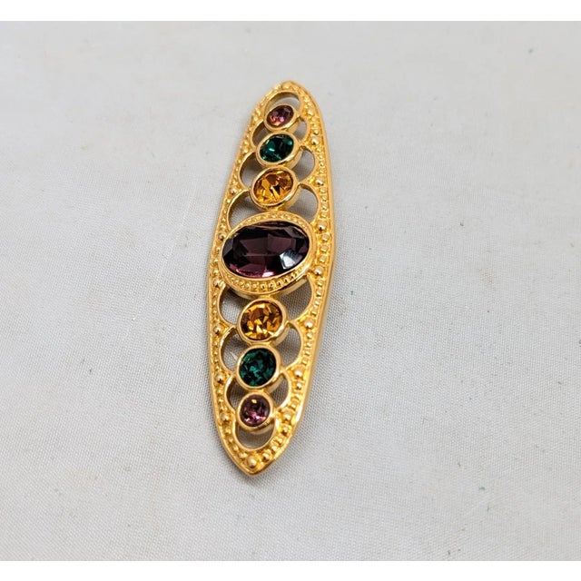 1990s Vintage Signed Napier Goldtone Faux-Amethyst, Citrine & Emerald Brooch For Sale - Image 5 of 6