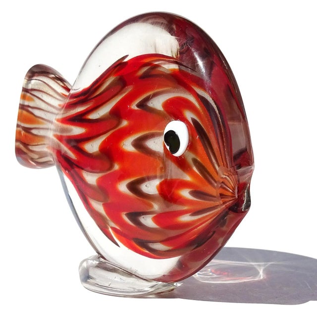 Murano Vintage Murano Red Orange White Gold Flecks Italian Art Glass Flat Fish Figure Sculpture Paperweight For Sale - Image 4 of 11