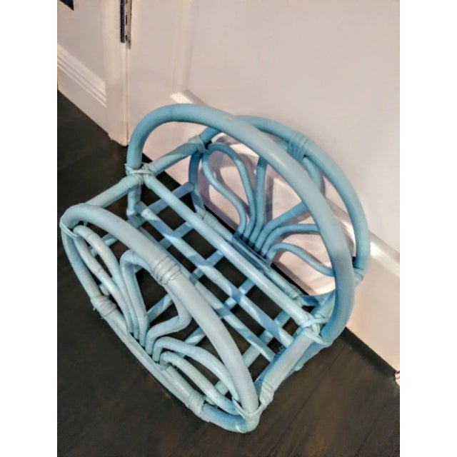 Mid-Century Modern Vintage Franco Albini Attributed Painted Baby Blue Rattan Round Magazine Rack Stand For Sale - Image 3 of 7
