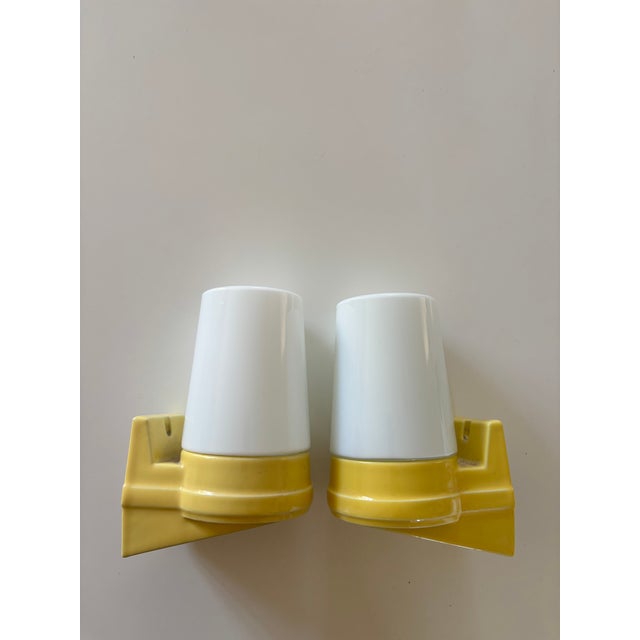 Sigvard Bernadotte Model 6070 Wall Lights in Yellow Porcelain and Opaline Glass by Sigvard Bernadotte for Ifö, 1960s, Set of 2 For Sale - Image 4 of 12